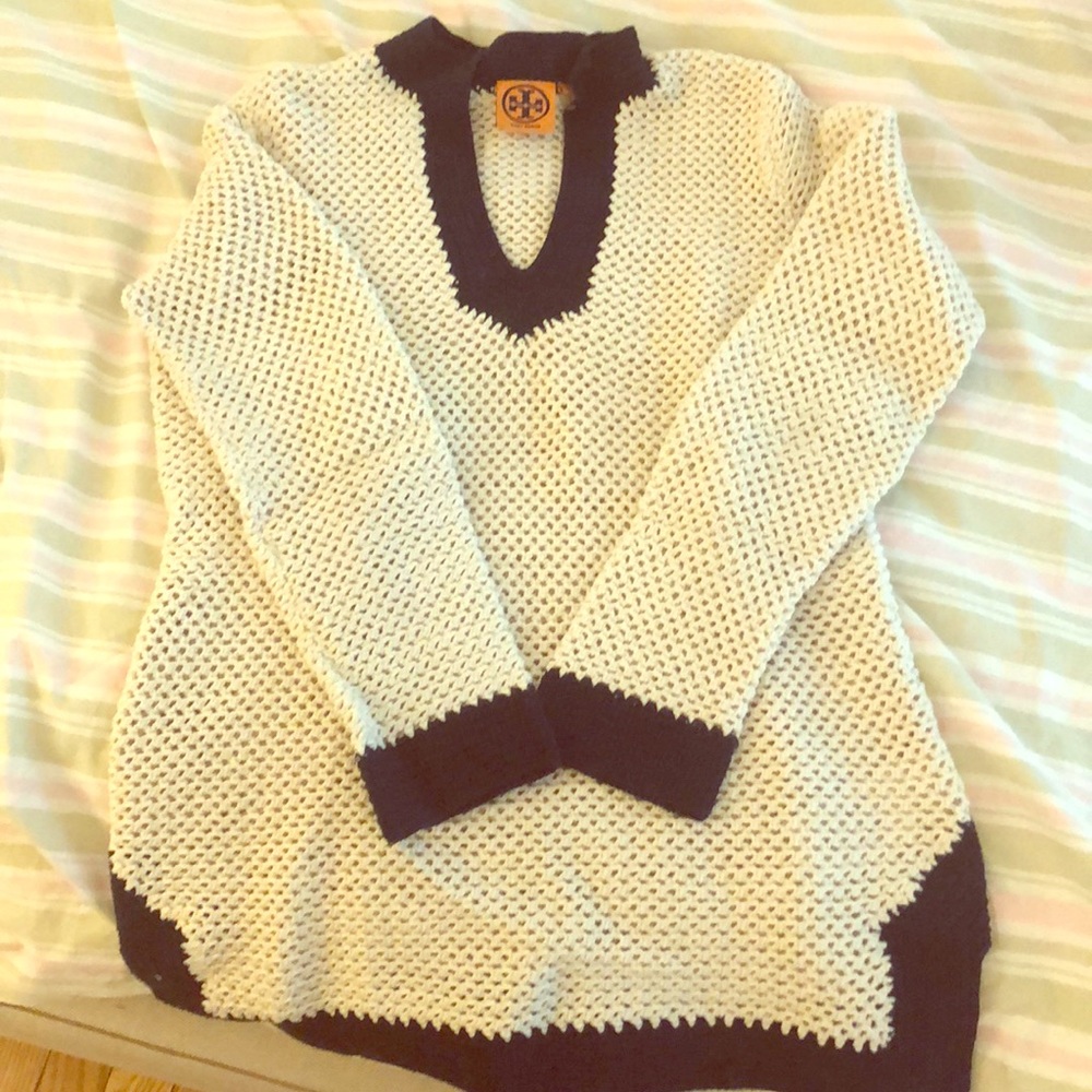 Tory Burch Cream and Navy V-Neck Sweater